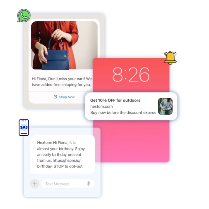 Hextom multi-channel marketing App: WhatsApp, SMS, and Web Push Marketing preview for Shopify merchants