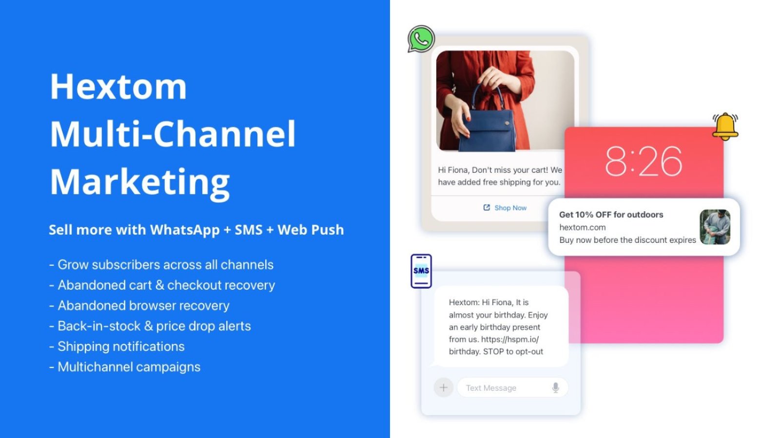 Load video: Hextom multi-channel marketing app for Shopify merchants: WhatsApp, SMS, and Web Push marketing